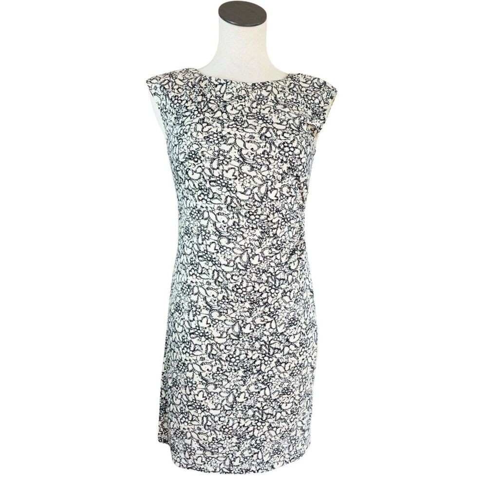 Ann Taylor LOFT Dress Cream Black Busy Micro Floral Bodycon Petite XS Career